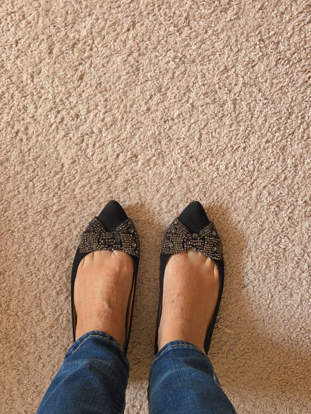 Tory Burch Black Pointed Toe Crystal Bow Flats